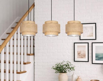 Drievoudige Boho-hanglamp met linnen lampenkappen