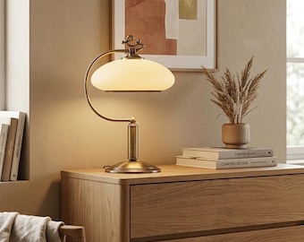 Lampe de bureau vintage en laiton - abat-jour en verre dépoli, éclairage de bureau à domicile