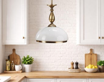 Vintage Messing Pendelleuchte | Weiße Glasschirm, Küchenbeleuchtung