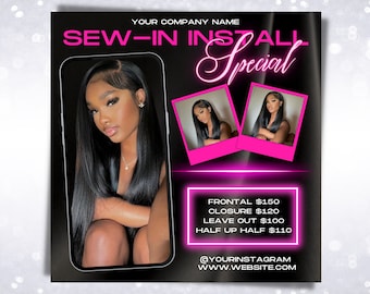 Sew In Install Special | Wig Install Flyer | Hairstylist Flyer | Wigs Bundle Hair | Template Business | Editable Template