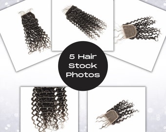 May include: Five stock photos of a curly human hair weave closure. The closure is brown and has a lace front.