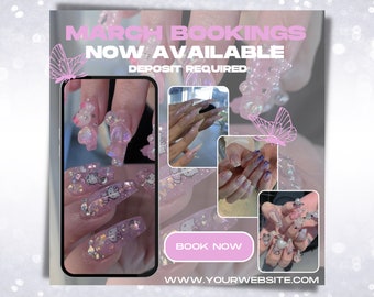 March Bookings Flyer | Bookings Open Flyer | Appointment Flyer | Hair MUA Nails Lash | Social Media Template | Editable Canva Template