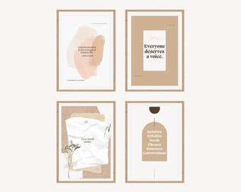Puede incluir: Cuatro impresiones de arte de pared imprimibles con citas inspiradoras y diseños abstractos. Las impresiones presentan un fondo melocotón con texto marrón y formas abstractas. Las citas son "La comunicación es la esencia de la vida humana", "Todos merecen una voz", "Tus palabras importan" y "Aislamiento, sílabas, palabras, frases, oraciones, conversaciones".