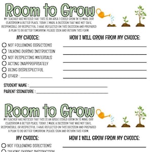 Puede incluir: Un formulario imprimible para el aula titulado "Room to Grow" con texto y secciones para completar. El formulario incluye opciones para elecciones como "No seguir las instrucciones" y espacio para el nombre del estudiante y la firma del padre. La parte superior presenta una regadera y plantas en crecimiento.