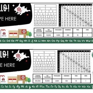 May include: Two educational charts with the words "HELLO! TYPE HERE" and a Target dog logo. One chart has multiplication tables, the other has fractions and number values. A Starbucks cup is on the right.