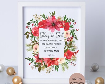 Christmas Printable Wall Art, Glory to God Bible Verse Printable, Holiday Art Decor, Minimalist Art, Luke 2:14 Printable Living Room Art
