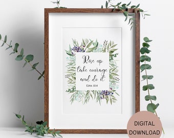 Ezra 10:4 Botanical Watercolor Bible Verse Printable Wall Art - Christian Decor Digital Download, Living Room Art Rise Up Scripture