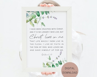 Versículo de la Biblia Gálatas 2:20 Arte de pared Descarga imprimible, Decoración cristiana, Arte minimalista Biblia Escritura, Arte de la sala de estar El Cristo deja en mí