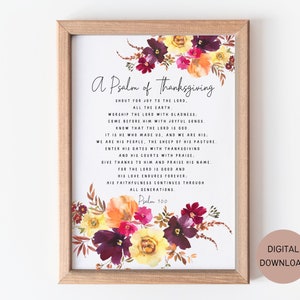 Psalm 100 Wall Art - Jesienny wystrój chrześcijański do druku cyfrowego, akwarelowe kwiaty jesienne Pismo Święte, Psalm dziękczynienia wydruk cyfrowy