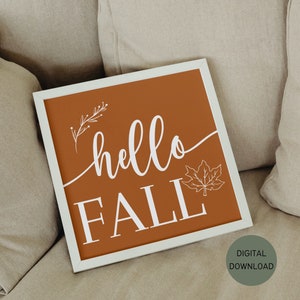 Hello Fall Printable - Farmhouse Autumn Pumpkin Wall Art, Living Room Decor, Minimalist Thanksgiving Digital Download Printable