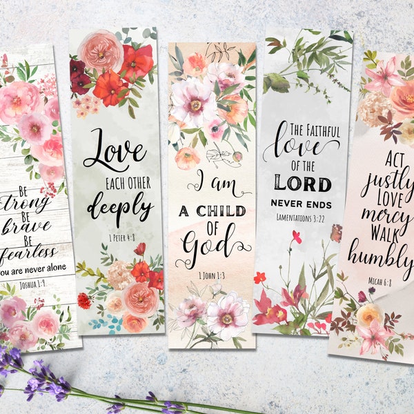 Bible Verse Bookmarks with Watercolor Floral Design - Set of 5 Faith Printable Bookmarks for Bible Study and Journaling,   Digital Download