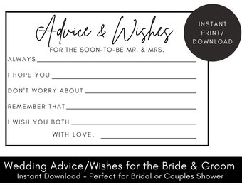 Advice and Wishes Cards - Printable Bridal Shower Game - Couples Shower Keepsake - Instant Download - Minimalist Black & White