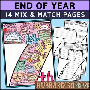 May include: A colorful printable worksheet set for the end of the school year. The worksheet features a large number "7" with different activities and prompts for students to complete. The title of the worksheet is "End of Year 14 Mix & Match Pages".
