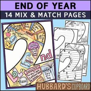 May include: A set of 14 printable worksheets for second grade students. The worksheets feature a colorful design with a large number "2" and various activities related to the end of the school year. The text "End of Year 14 Mix & Match Pages" is at the top of the page.