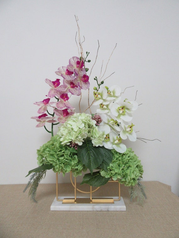 Pink and White Faux Orchids Arrangement/centerpiece With Green Etsy
