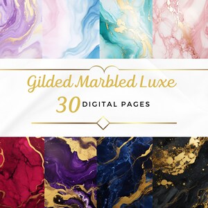 Puede incluir: Una colección de páginas digitales con diseños de mármol en varios colores, incluyendo morado, rosa, azul y turquesa, con detalles dorados. El texto "Gilded Marbled Luxe" y "30 DIGITAL PAGES" se muestra en dorado.