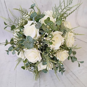 Ivory Rose Bridal Bouquet: Eucalyptus, Waxflower, Fern