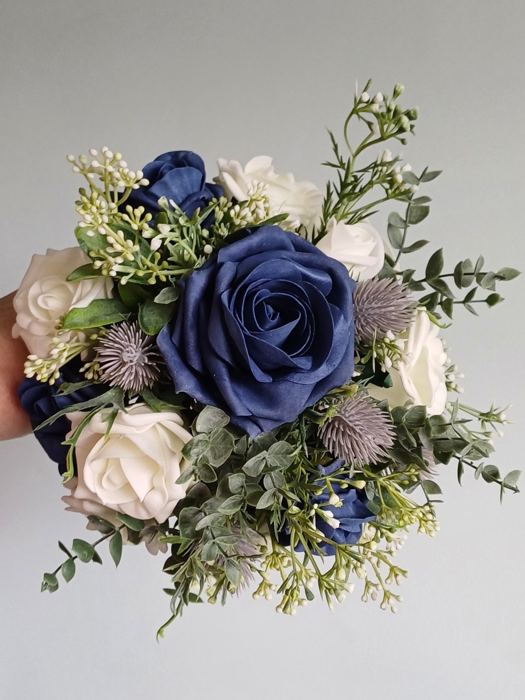 Navy Blue and Ivory Rose Bouquet With Thistles and Mixed Foliages - Etsy UK