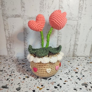 May include: A crocheted plant with two pink heart-shaped flowers in a brown pot with white and brown trim. The pot is decorated with colourful buttons.