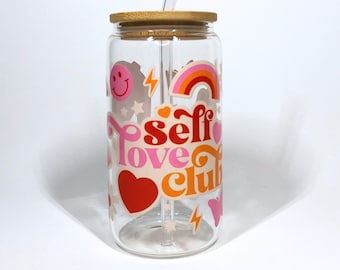 Self Love Club Glass - Retro - Be kind - Iced coffee cup - Glass Cup 16oz - Beer Can - Lid and straw included - Gift