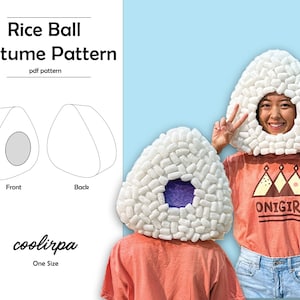 May include: A DIY Rice Ball Costume Pattern for making a fun and unique costume. The pattern includes a front and back view of the rice ball shape. The pattern is one size and is available as a PDF download.