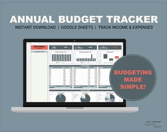 Monitoraggio del budget annuale, monitoraggio di entrate e uscite, foglio di calcolo del budget mensile per fogli Google, pianificatore finanziario digitale, modello di budget