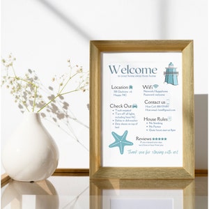 May include: A framed welcome sign with a lighthouse illustration, a starfish, and text that includes the location, wifi network information, check-out instructions, contact information, house rules, and a review section. The text reads: "Welcome to your home away from home. Location: 300 Gladview rd. Happy, NC. Check Out: Trash emptied, Turn off all lights, including heat/AC, Dishes in dishwasher, Dirty sheets on top of bed. Wifi: Network: Happyhome, Password: welcome. Contact us: Host Cell: 800-535-897, Host email: host@gmail.com. House Rules: No Smoking, No Parties, Queue hours start at 11pm. Reviews: ***** If you enjoyed your stay, we'd love to hear from you. Thank you for staying with us!"