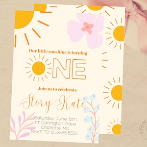 Our Little Sunshine, Our Little Sunshine First Birthday Invitation, My Little Sunshine Pink Invitation, First Trip Around the Sun