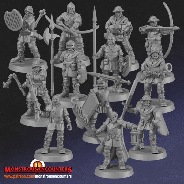 Town Guard Set (12 Miniaturen mit modularen Händen) Militia Classic Oldschool Brettspiel Monströse Begegnungen | Fantasy Dungeons D&D Pathfinder