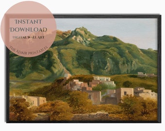 Vintage Mountain Landscape with Homes, Village on the Island of Ischia by Sébastien Norblin, Italy Painting Printable Digital Download Art