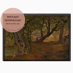 Moody Forest interior Vintage Painting, Dark Landscape, Bregentved Forest Sjaeeland by Frederik Sødring, Printable Digital Download