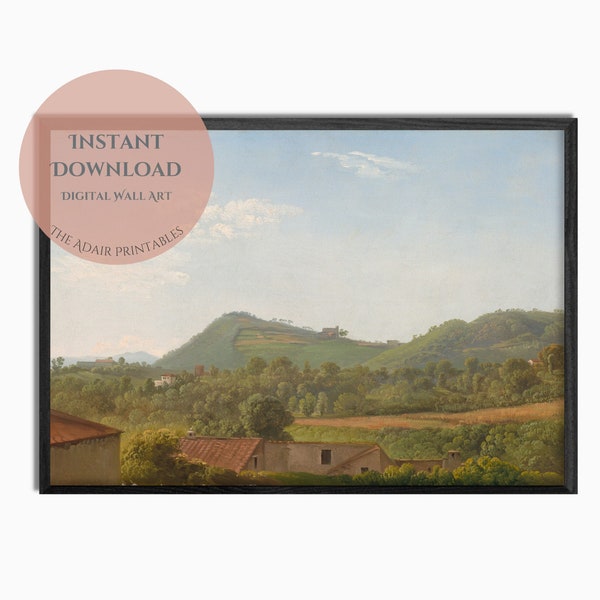 Italy Landscape Vintage Painting, View near Naples by Simon Denis, Natural Farmland, Garden and Mountains Printable Digital Download