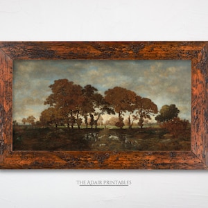 After the Rain Vintage Oil Painting by Théodore Rousseau, Large Panoramic Wall Art, Dark Trees Landscape, Printable Digital Download