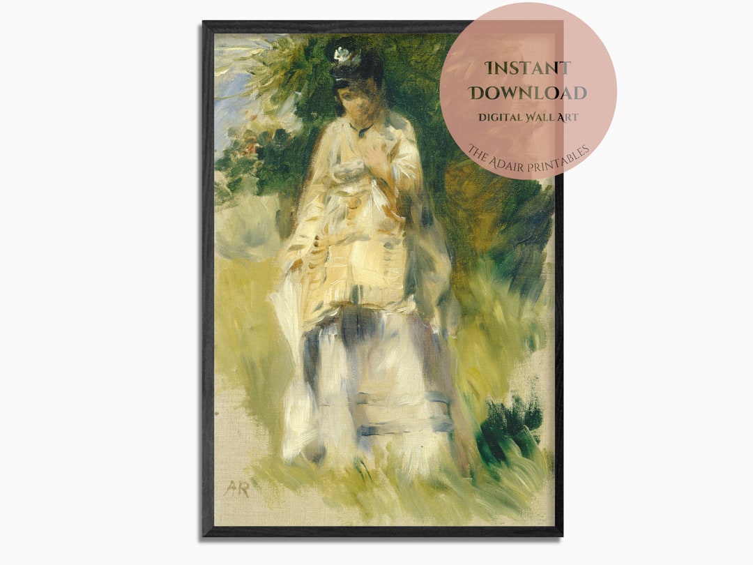 Vintage Oil Painting of a Woman Standing by a Tree, Neutral Wall Art ...
