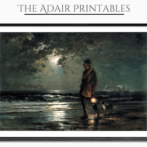 Life Saving Patrol Vintage Oil Painting, Moonlight on the Water Dark Moody Artwork, Printable Digital Download Ocean Wall Art