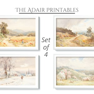 Verzameling van 4 vintage schilderijen, vier seizoenen in aquarel door Joseph Rubens Powell, een afdrukbare digitale download voor kunst aan de muur