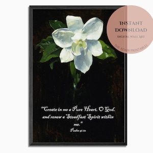 Magnoliablomma med bibelvers Psalm 51:10, vintagemålning av Charles Stetson, utskrivbar digital nedladdning kristen väggkonst