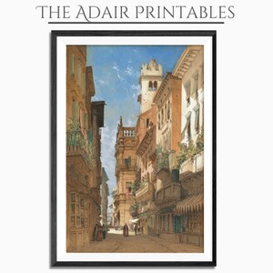 Vintage Line Drawing with Watercolor Architecture Painting by William Callow of Verona Printable Digital Download