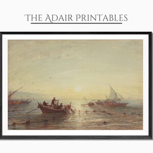 Può includere: Un dipinto ad acquerello che rappresenta un paesaggio marino con diverse barche e figure nell'acqua. Le barche navigano su un mare calmo con una costa lontana sullo sfondo. Il cielo è di un azzurro tenue con alcune nuvole. Il dipinto è incorniciato in una cornice nera.