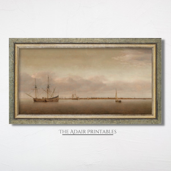 View of Hoorn Vintage Dutch Oil Painting, Wooden Ships on the Ocean, Long Rectangle Panoramic Printable Digital Download Wall Art