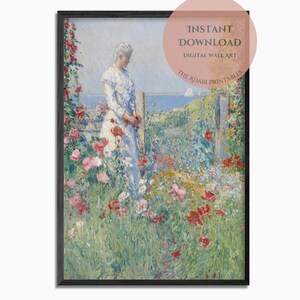 Vintage Painting of Lady in a Flower Garden with the Blue Ocean, In the Garden By Childe Hassam, Printable Digital Download Wall Art