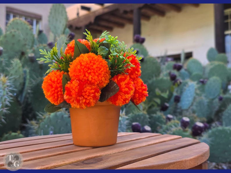 Orange Marigold Flowers Decoration | Pom-pom Flower Arrangement | Diwali Decor | Dia de los Muertos Ofrenda Flowers | Handmade Cempasuchil image 3