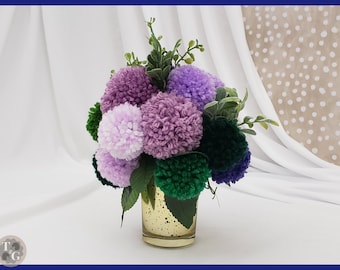 Purple Flower Arrangement | Picture or Card Holder | Handmade Pom-Pom Flowers | Good Luck Gift | Lavender Desk Decor | Gift for Mom