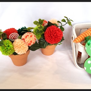 May include: Two small terracotta pots with green foliage and colorful yarn pom-poms. The pots are on a white surface.