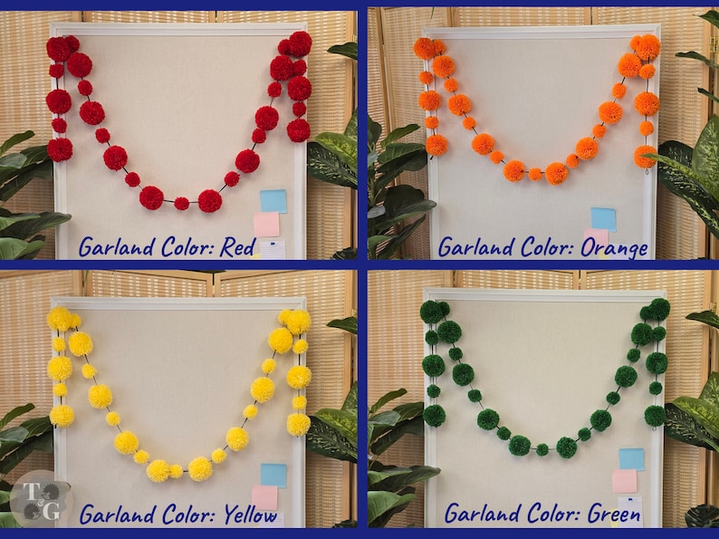 May include: Four images of pom-pom garlands in different colors. The garlands are hanging on a white board. The colors are red, orange, yellow, and green. The text below each image reads "Garland Color: [color]"