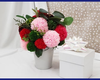 Pink and Red Holiday Centerpiece | Playful Pom-Pom Flower | Fun Valentines Gift | Allergy Friendly Christmas Décor | Pink Floral Arrangement