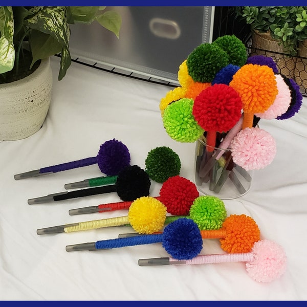 Bright Fluffy Pom Pom Pen | School Supplies | Yarn Wrapped Ballpoint Pen| Soft Journaling Pen| Party Favor | Desk Accessory | Guest Book Pen