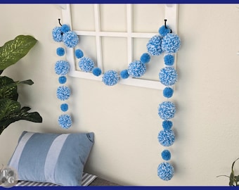 Blue and White Baby Shower Garland | Baby Blue Pom-pom Garland | Bavarian Oktoberfest Decoration