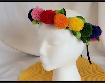 Bright Rainbow Pom-Pom Flower Crown | Adjustable Size Flower Crown | Super Soft Yarn | Handmade | Pride Celebrations | Birthday Party Favor