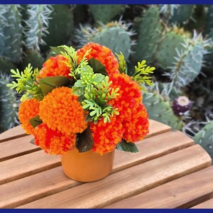 Orange Marigold Flowers Decoration | Pom-pom Flower Arrangement | Diwali Decor | Dia de los Muertos Ofrenda Flowers | Handmade Cempasuchil image 6